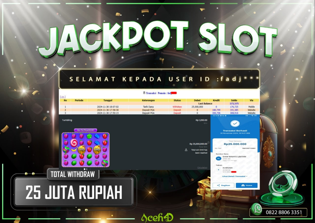 JACKPOT SLOT DARI MEMBER SETIA ACEH4D TGL 30/11/2024  💸💸