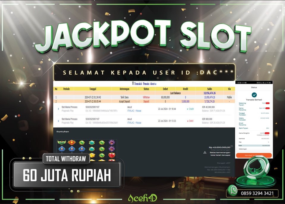 JACKPOT SLOT DARI MEMBER SETIA ACEH4D HARI INI 22/07/2024 💸💸