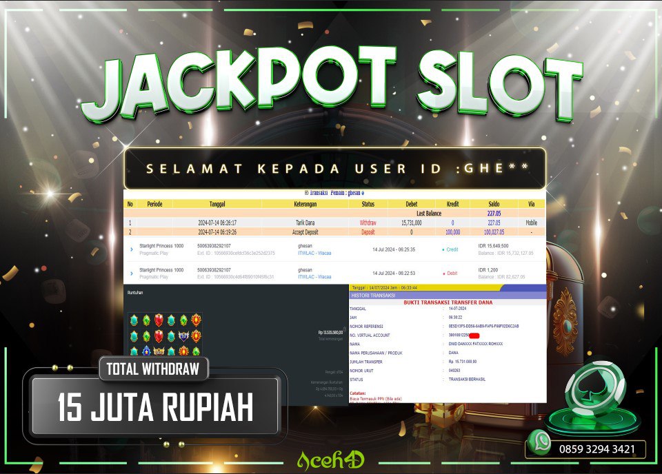 JACKPOT SLOT DARI MEMBER SETIA ACEH4D HARI INI 14/07/2024 💸💸