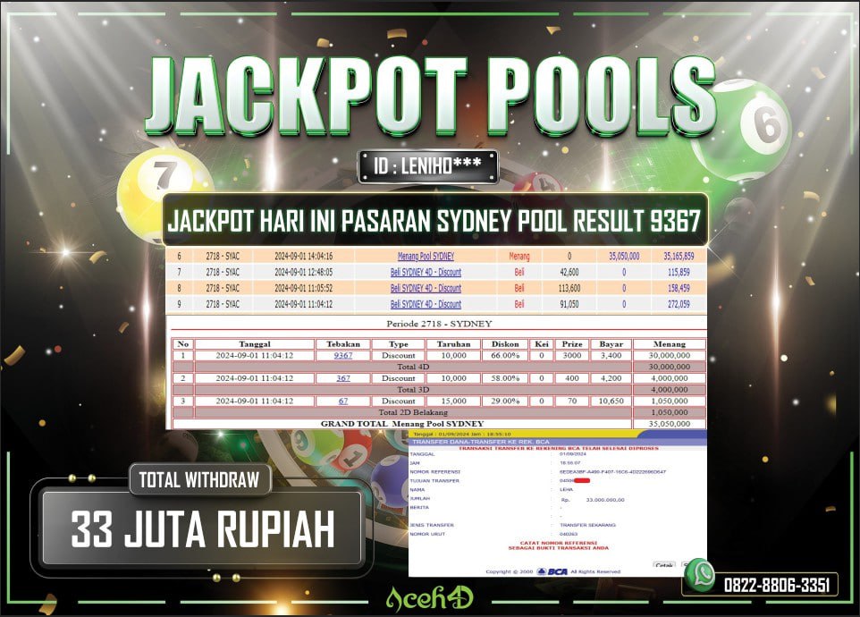 JACKPOT TOGEL SYDNEY POOLS DARI MEMBER SETIA ACEH4D TGL 01/08/2024  💸💸