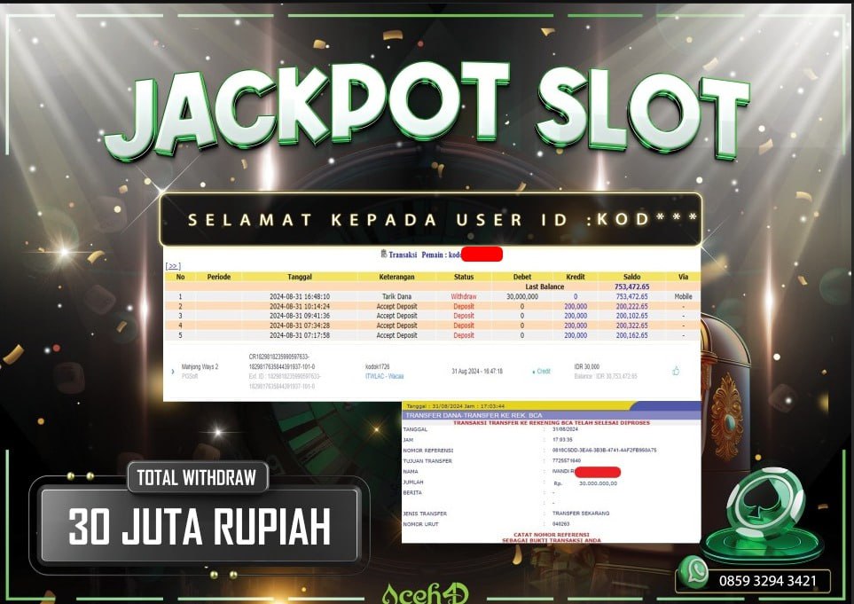 JACKPOT SLOT DARI MEMBER SETIA ACEH4D HARI INI 31/08/2024 💸💸