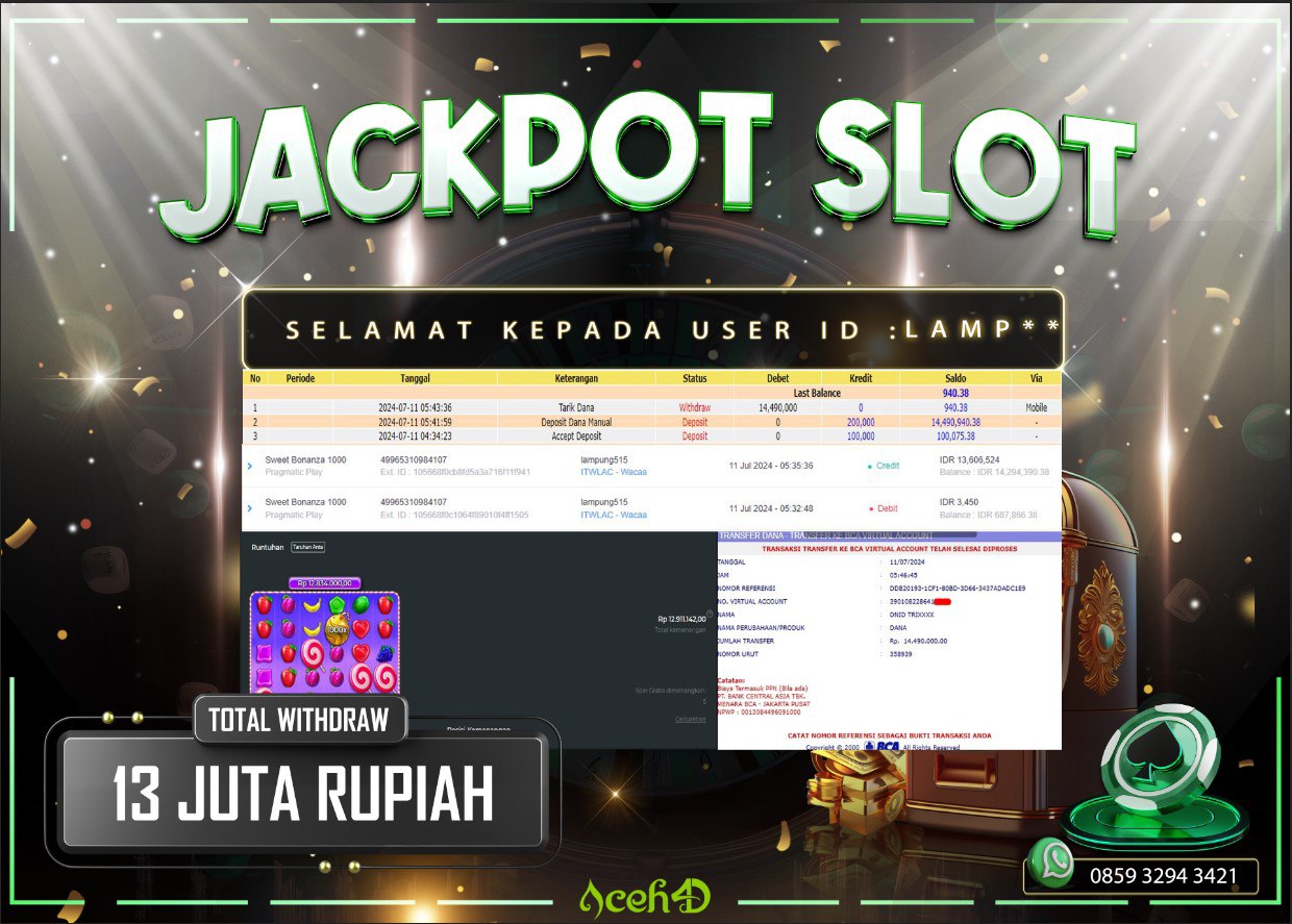 JACKPOT SLOT DARI MEMBER SETIA ACEH4D HARI INI 11/07/2024 💸💸