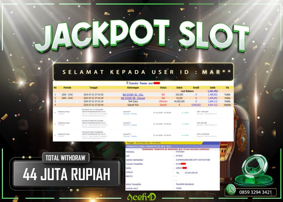 JACKPOT SLOT DARI MEMBER SETIA ACEH4D HARI INI 01/07/2024 💸💸