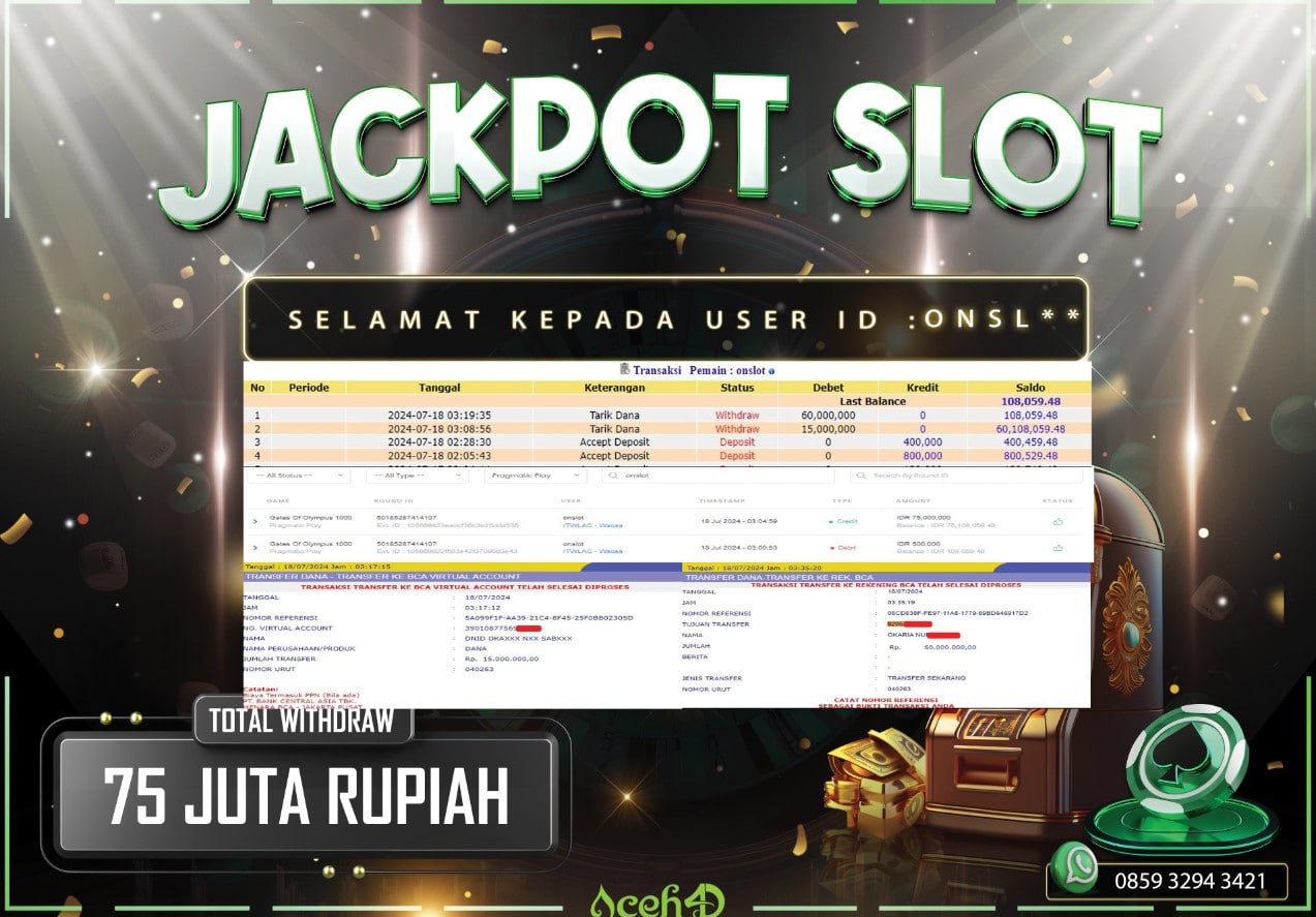 JACKPOT SLOT DARI MEMBER SETIA ACEH4D HARI INI 18/07/2024 💸💸