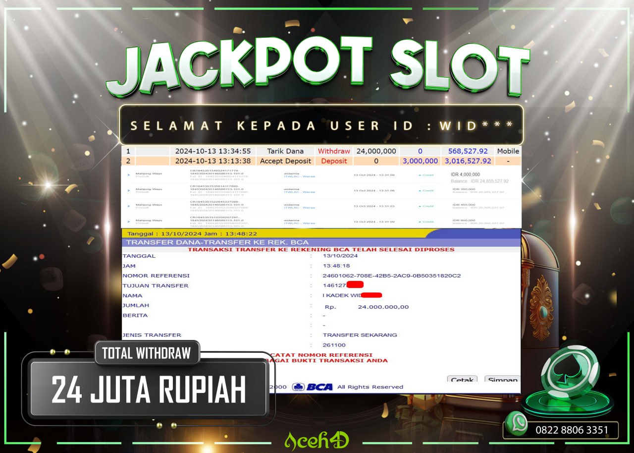 JACKPOT SLOT DARI MEMBER SETIA ACEH4D TGL 13/10/2024  💸💸