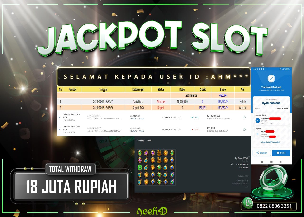 JACKPOT SLOT DARI MEMBER SETIA ACEH4D TGL 16/09/2024  💸💸