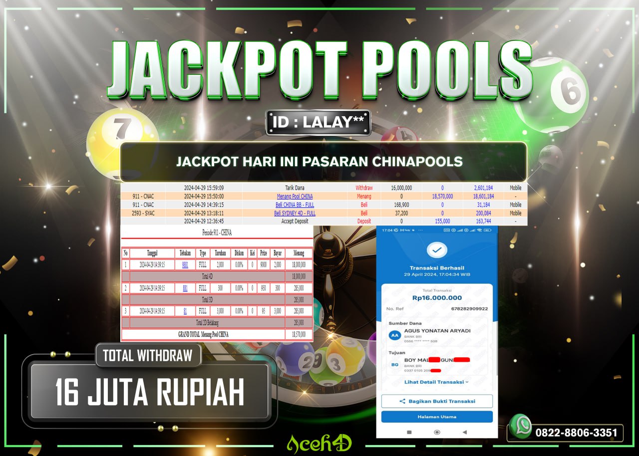 JACKPOT TOGEL DARI MEMBER SETIA ACEH4D HARI INI 29/04/2024 💸💸