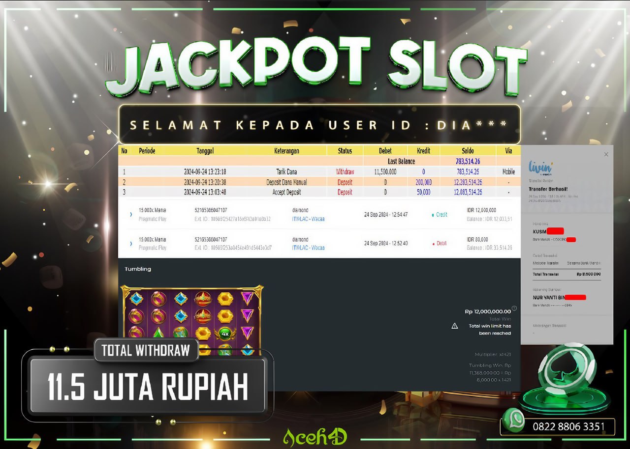 JACKPOT SLOT DARI MEMBER SETIA ACEH4D TGL 24/09/2024  💸💸