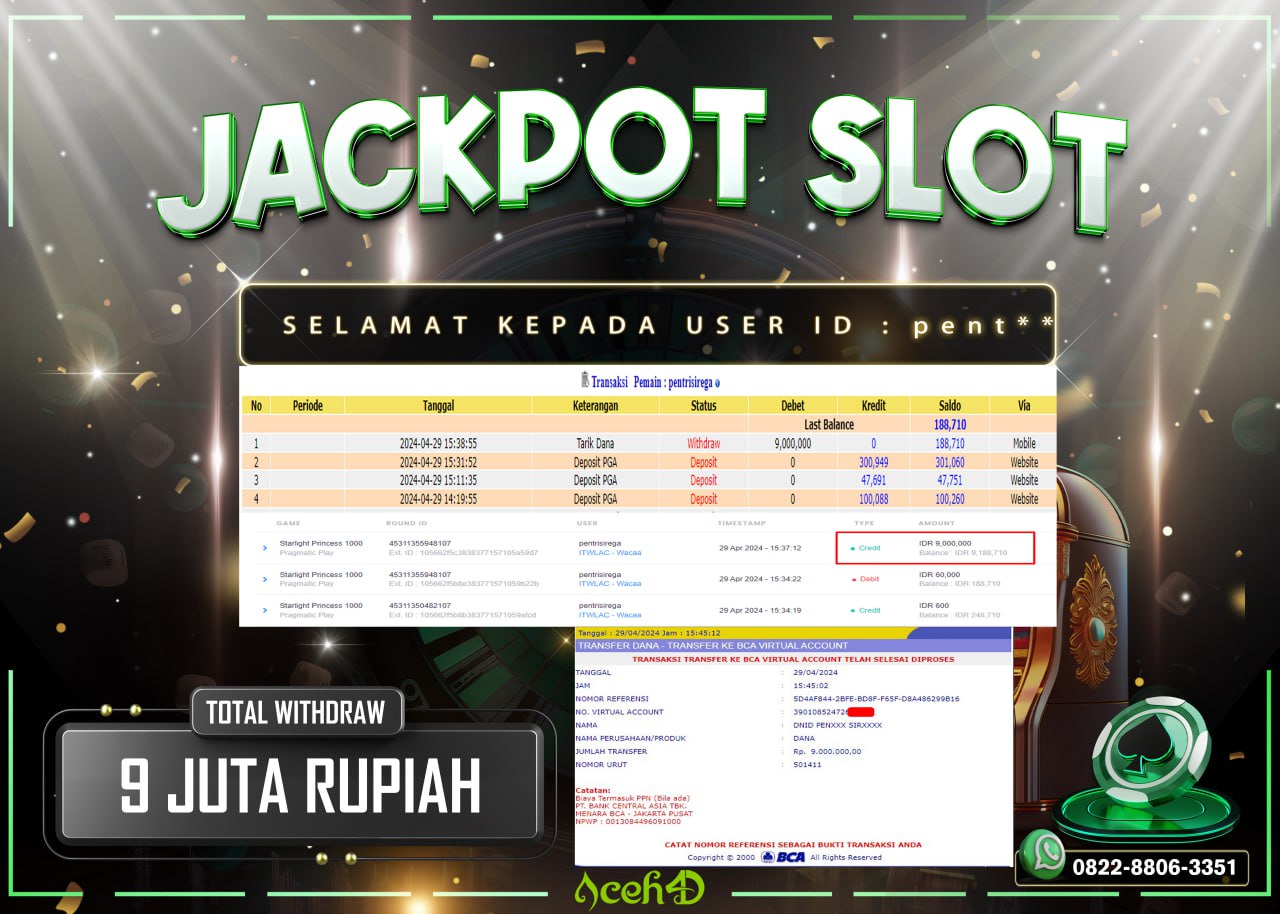 JACKPOT SLOT DARI MEMBER SETIA ACEH4D HARI INI 29/04/2024 💸💸