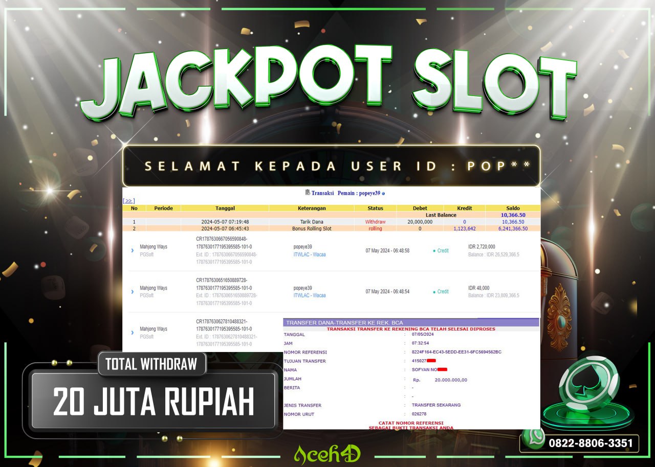 JACKPOT SLOT DARI MEMBER SETIA ACEH4D HARI INI 07/05/2024 💸💸